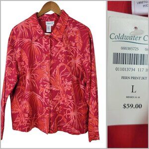 NEW Coldwater Creek Linen Blazer Jacket Large Tropical Floral Fern Print Pink